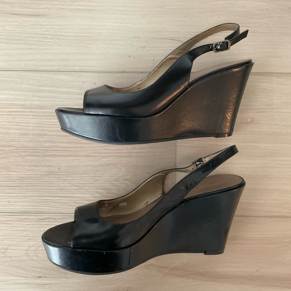 Elegant Black Marc Fisher Wedge Sandals, 6.5 US